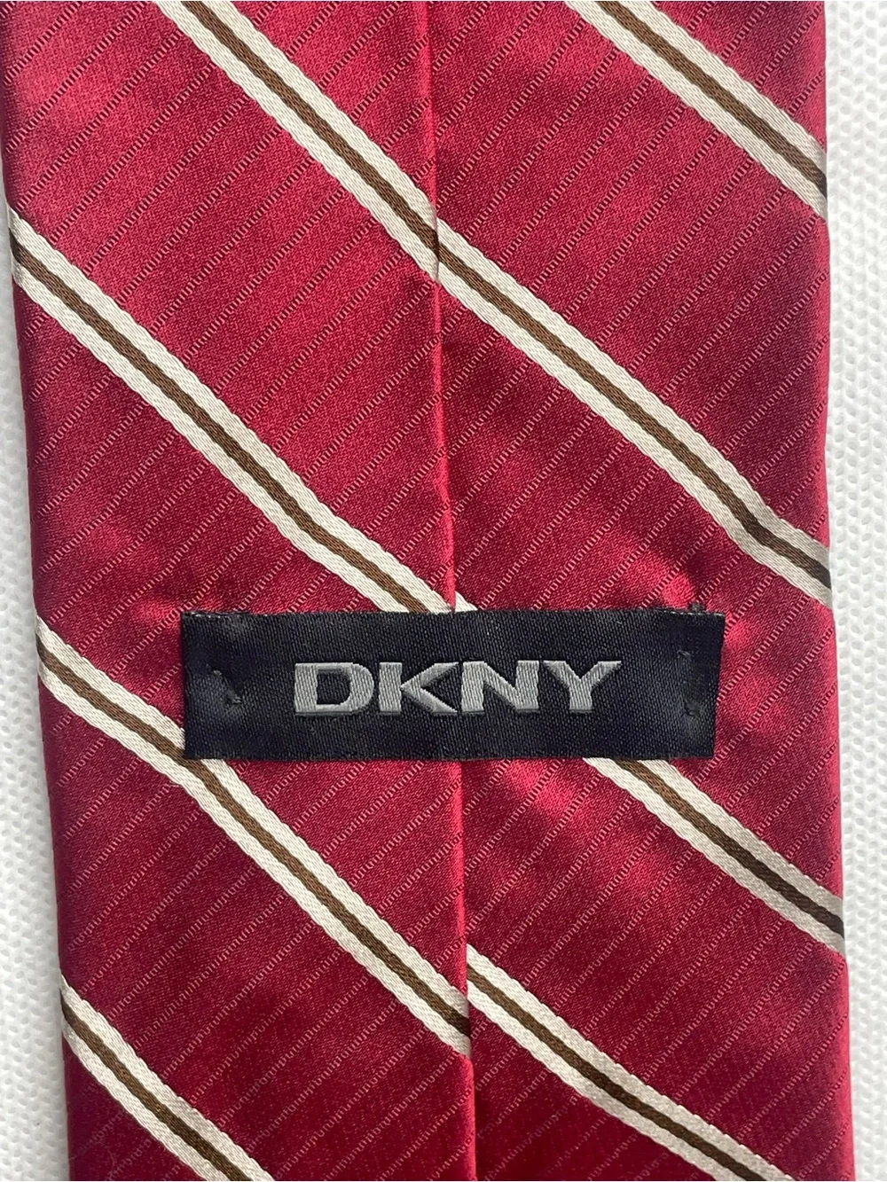 DKNY Champagne Gold Striped Burgundy Red Tie Classic Preppy Necktie Formal USA